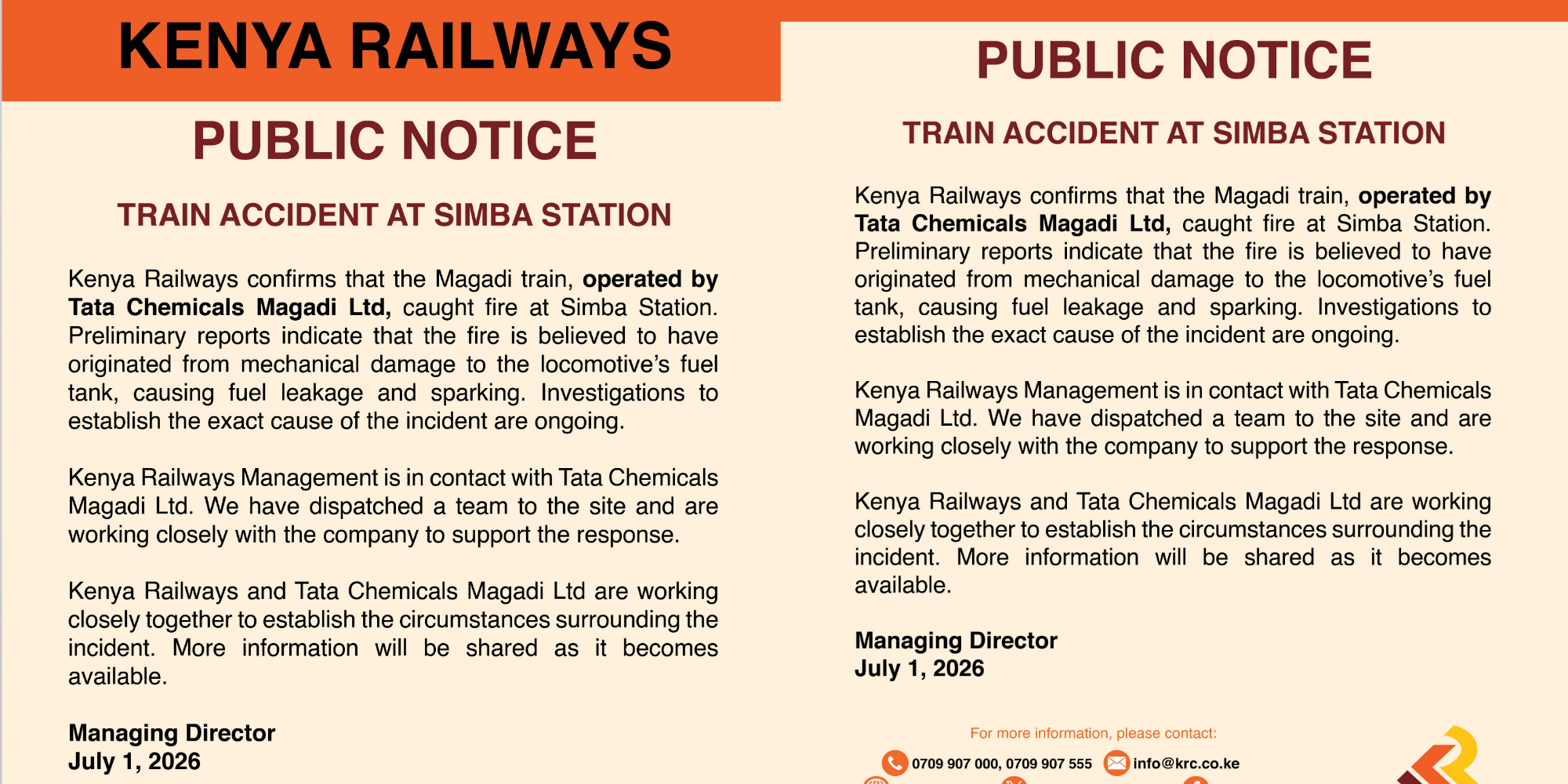 Kenya Railways issued a public notice on July 1, 2026, confirming a train fire at Simba Station and launches investigations into the cause. PHOTO/ Kenya Railways
