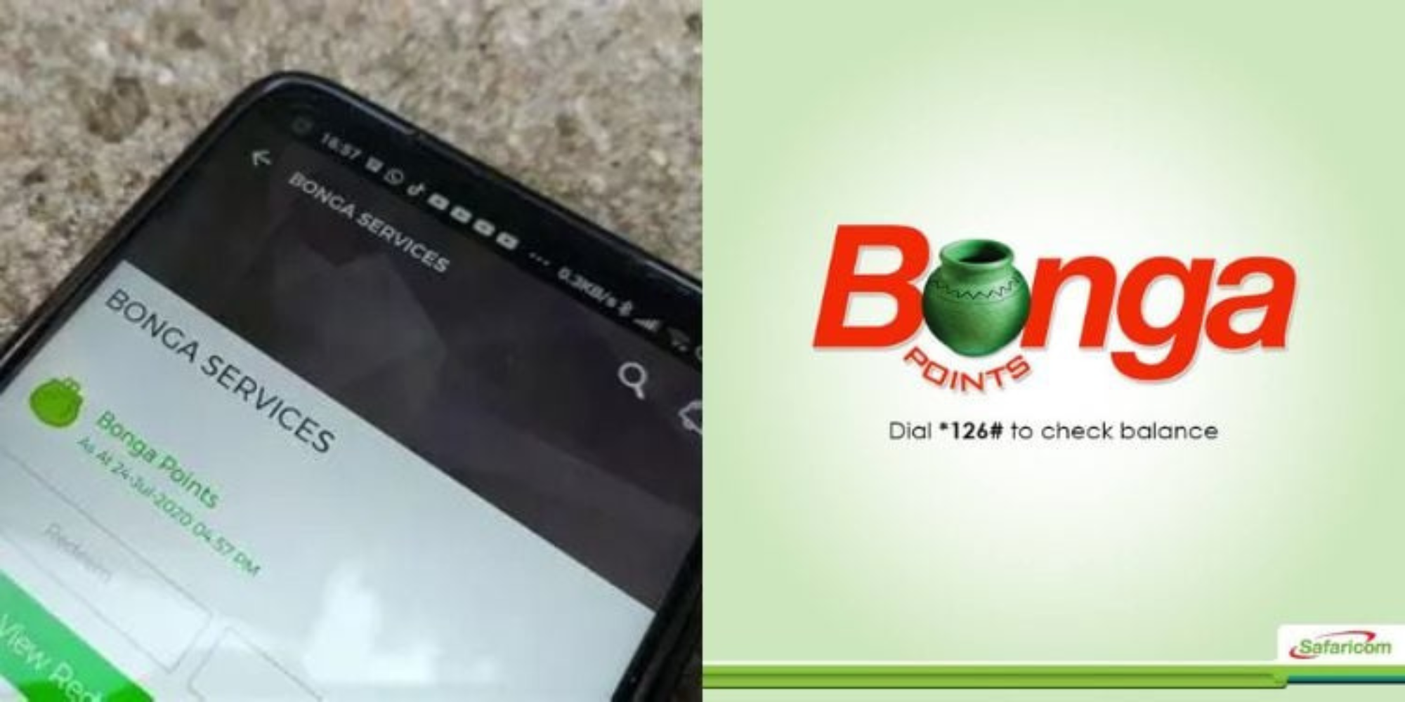 A photo collage of a phone displaying the bonga points page interface and Safaricom brand product bonga points advert. PHOTO/ File 