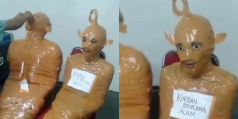 Thieves turned into “Teletubbies” after Indonesian locals wrapped them entirely in tape, sparking mixed reactions online after the viral video. PHOTO/ Screengrab