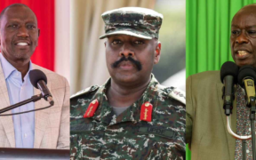 A photo collage of President William Ruto, Uganda's Chief of Defence Forces Gen Muhoozi Kainerugaba and DCP party leader, Rigathi Gachagua. PHOTO/ File