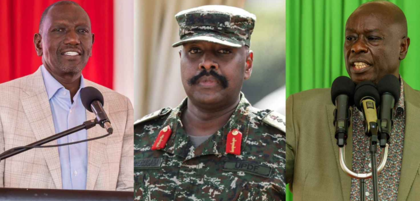 A photo collage of President William Ruto, Uganda's Chief of Defence Forces Gen Muhoozi Kainerugaba and DCP party leader, Rigathi Gachagua. PHOTO/ File