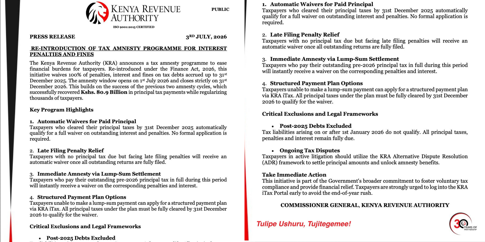 KRA announces a six-month tax amnesty programme offering a 100% waiver on penalties, interest, and fines for tax debts accrued up to December 31, 2025. PHOTO/ KRA