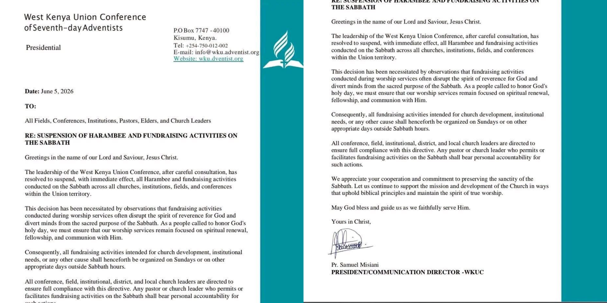Adventist Church leaders in West Kenya halt Sabbath fundraising, directing all activities to other days to protect worship, uphold reverence, and spiritual focus. PHOTO/ File