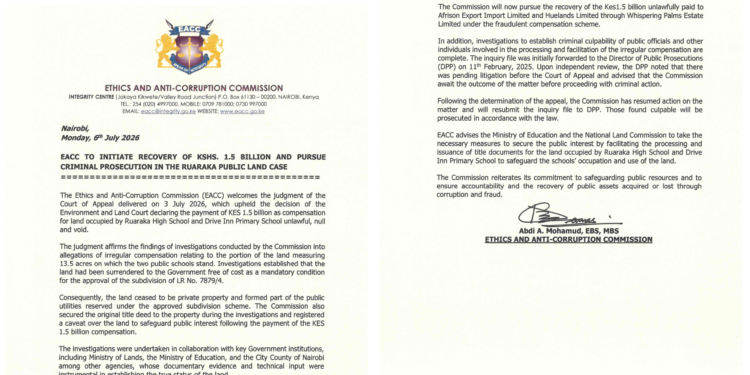 Ksh 1.5 Billion Ruaraka Land Scandal: EACC Moves to Recover Money, Prosecute Those Responsible