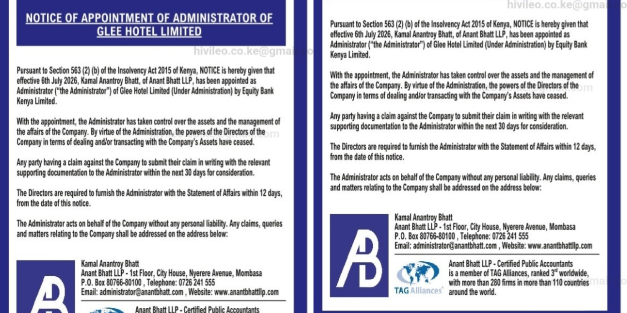 Notice announces the appointment of an administrator to take over Glee Hotel under Equity Bank’s control due to debt. PHOTO/ Daily Nation