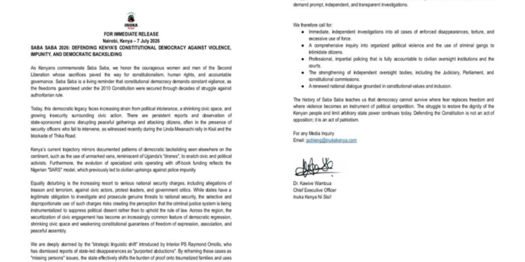 Saba Saba 2026: Inuka Kenya Raises Alarm Over Democracy, Rights and State Violence