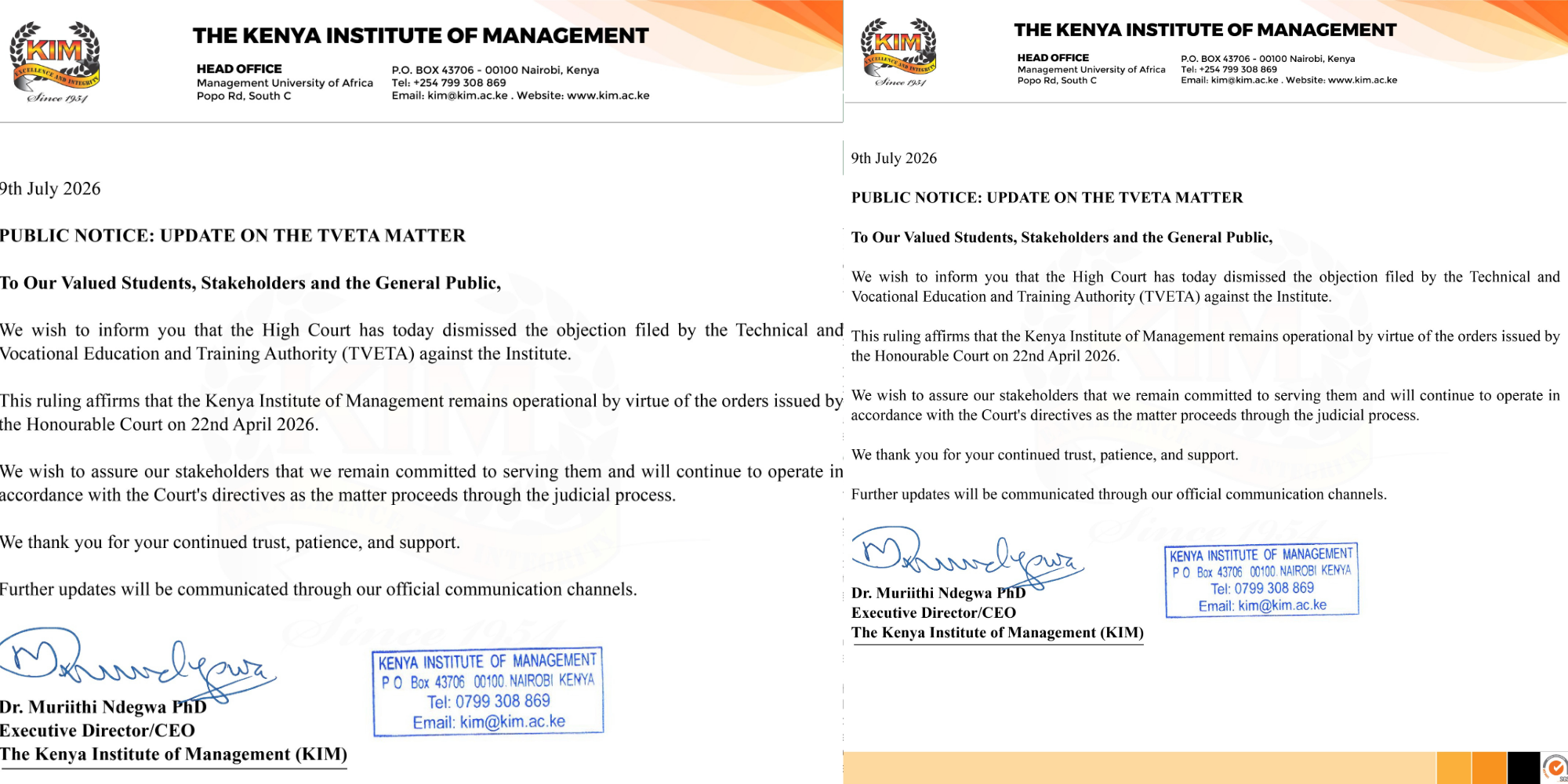 KIM updates stakeholders on July 9, 2026, after the court rejects TVETA’s objection. PHOTO/ KIM