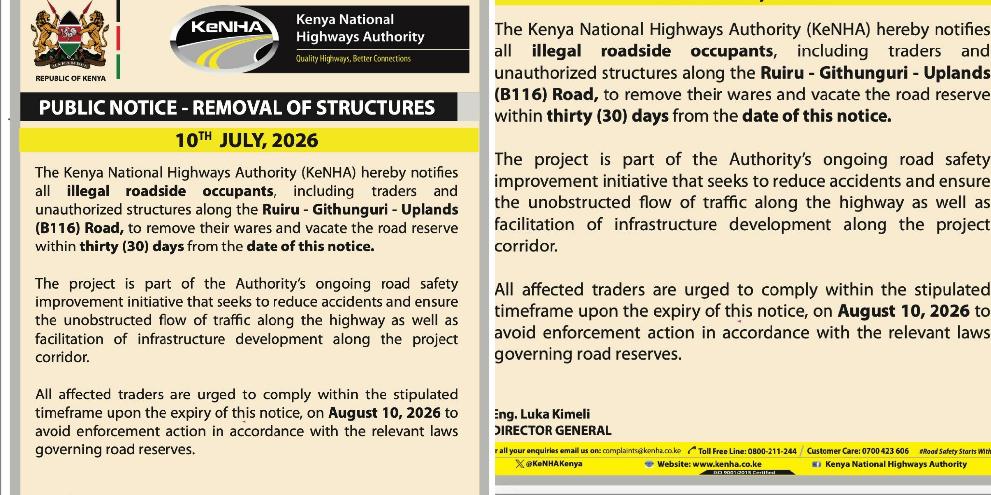 KeNHA issues a 30-day notice requiring illegal roadside occupants along the Ruiru–Githunguri–Uplands (B116) Road to remove structures and vacate road reserves by August 10, 2026. PHOTO/ KeNHA