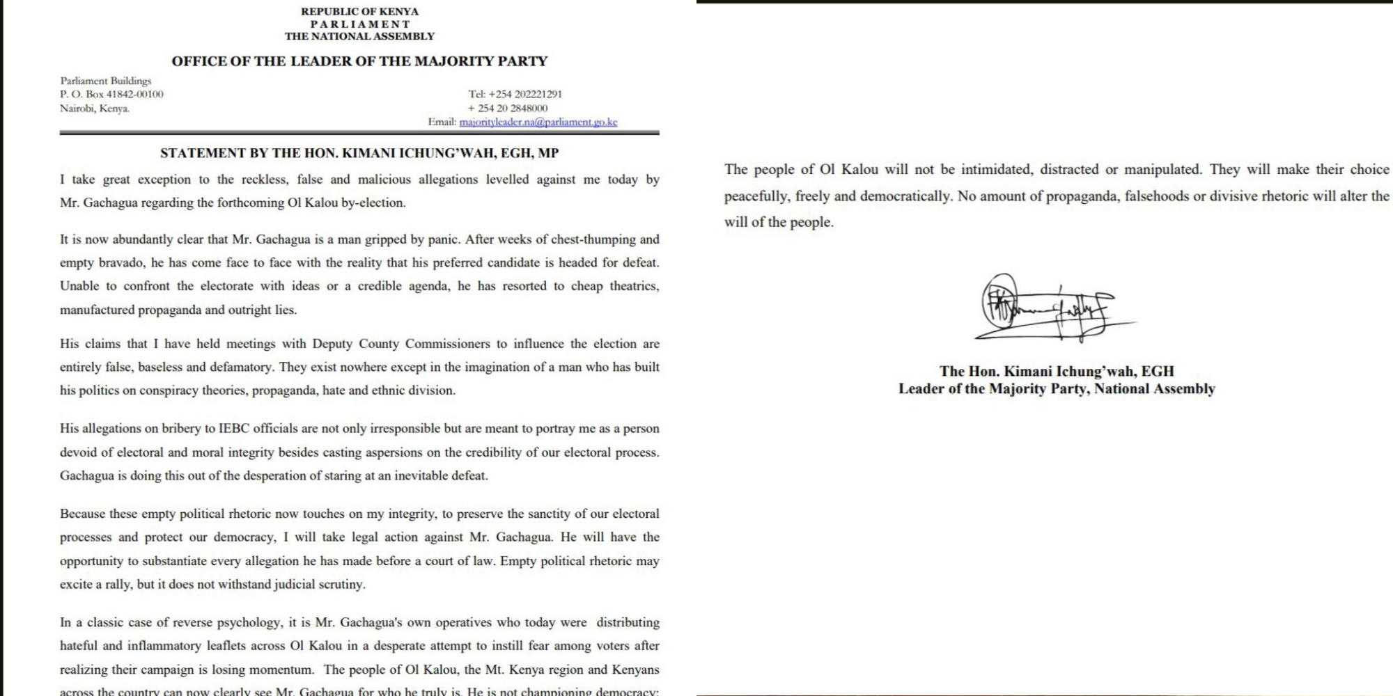 A statement issued by Ichung’wah on July 10, 2026 dismisses Gachagua’s Ol Kalou by-election rigging claims and confirms he will pursue legal action. PHOTO/ Kimani Ichung’wah X