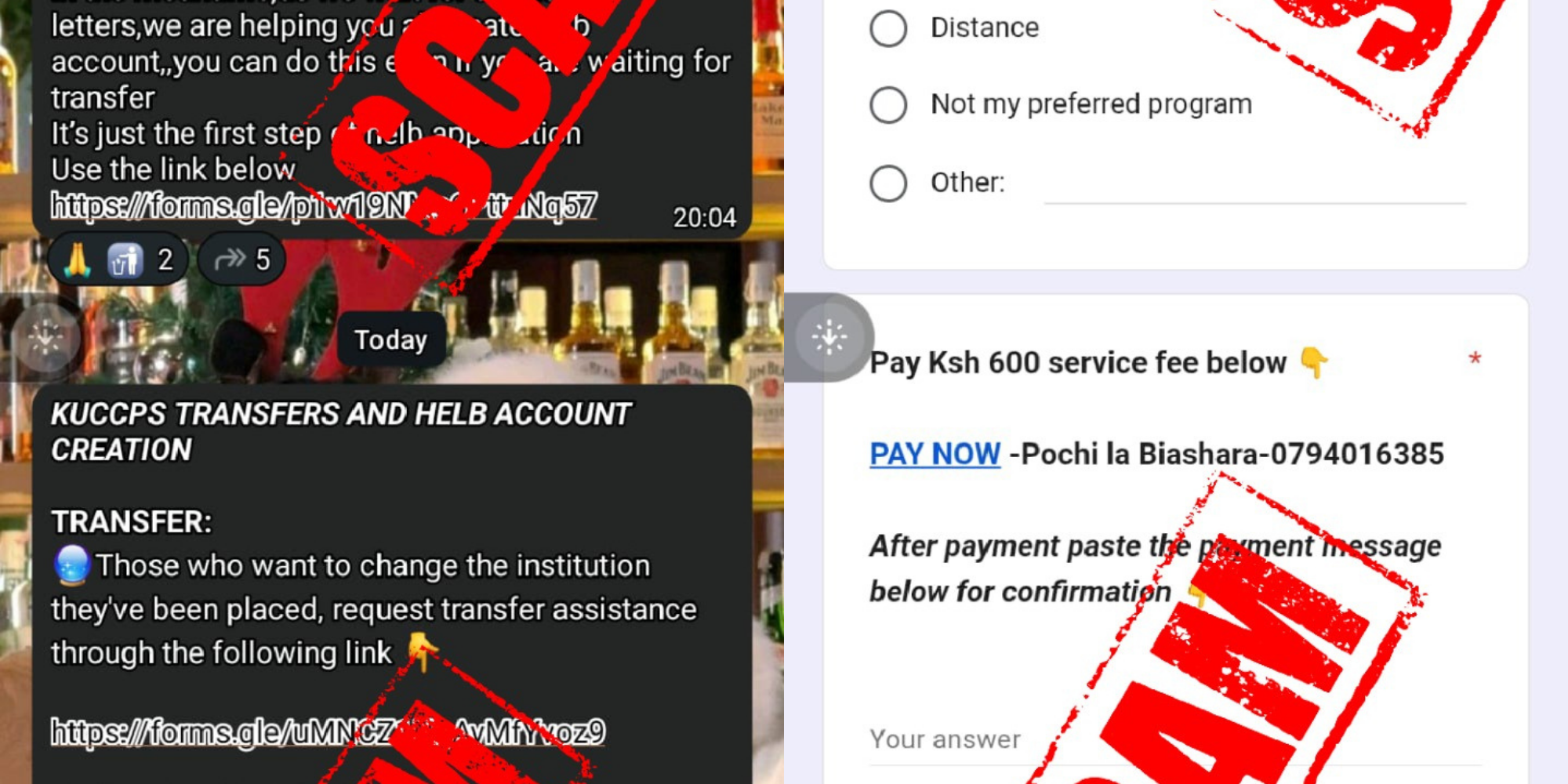Screenshots of fake KUCCPS inter-institutional transfer and HELB forms circulating online prompting students to submit details and pay a KSh 600 “service fee.” PHOTO/ KUCCPS X