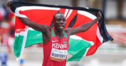 Kenya's middle-distance sensation Emmanuel Wanyonyi after smashing the men's 1,000 metres world record at the Monaco Diamond League. PHOTO/ File
