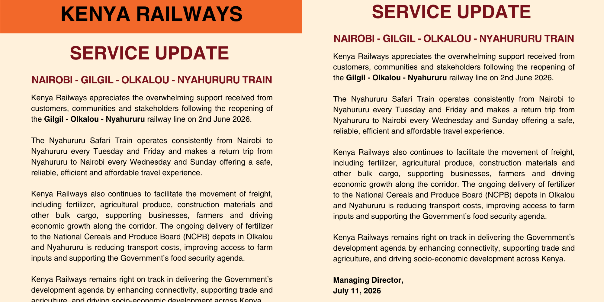 An update issued on July 11 by Kenya Railways highlights the reopening of the Nairobi–Nyahururu railway line. PHOTO/ Kenya Railways