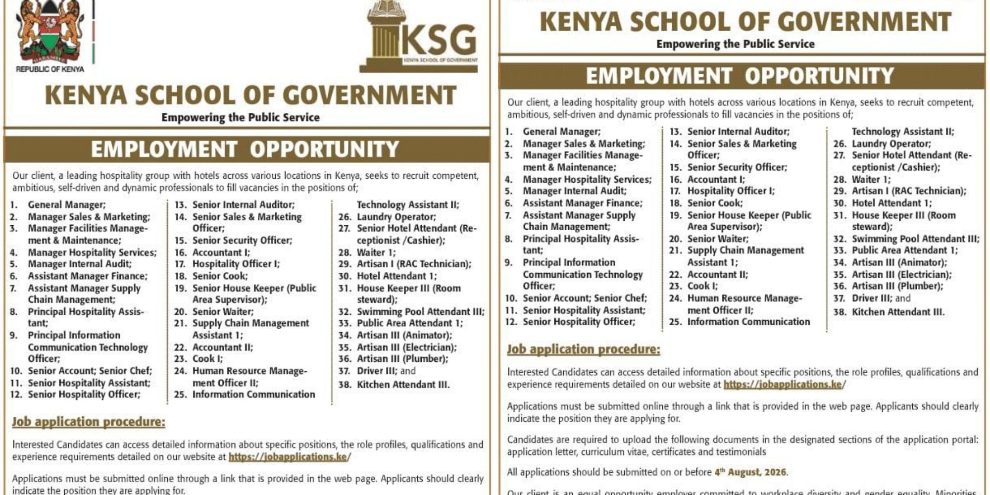 Kenya School of Government announces 38 hospitality job vacancies for a client across ICT, management and support roles, with August 4, 2026 set as the application deadline. PHOTO/ File