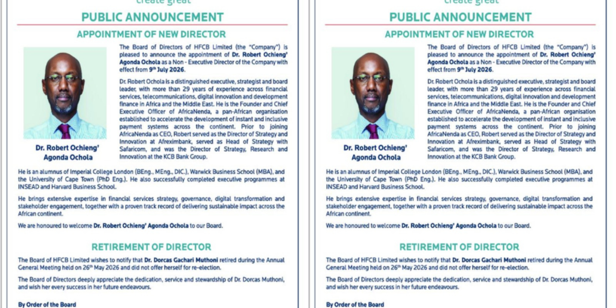 A photo showing the appointment of Robert Ochola as New Non-Executive Director to HFCB . Photo/ File