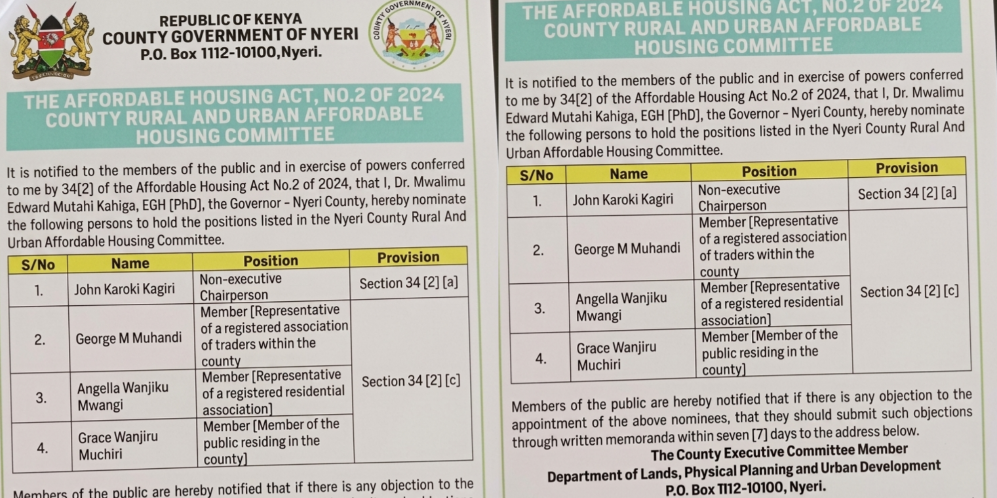 Nyeri Governor Mutahi Kahiga nominates four members to the Affordable Housing Committee and invites public objections within seven days before appointments proceed. PHOTO/ The Standard
