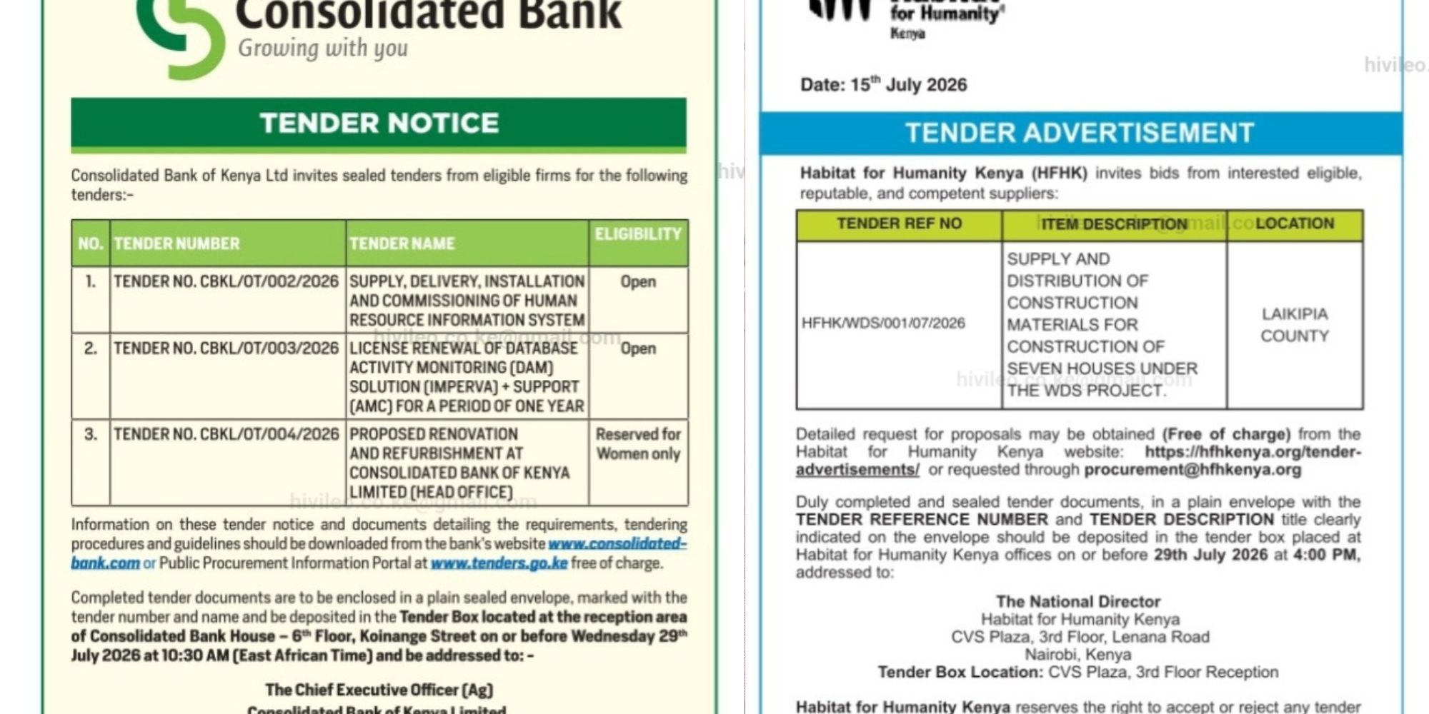 Consolidated Bank of Kenya and Habitat for Humanity Kenya announce new tender opportunities, inviting suppliers to apply for projects across sectors. PHOTO/ Daily Nation