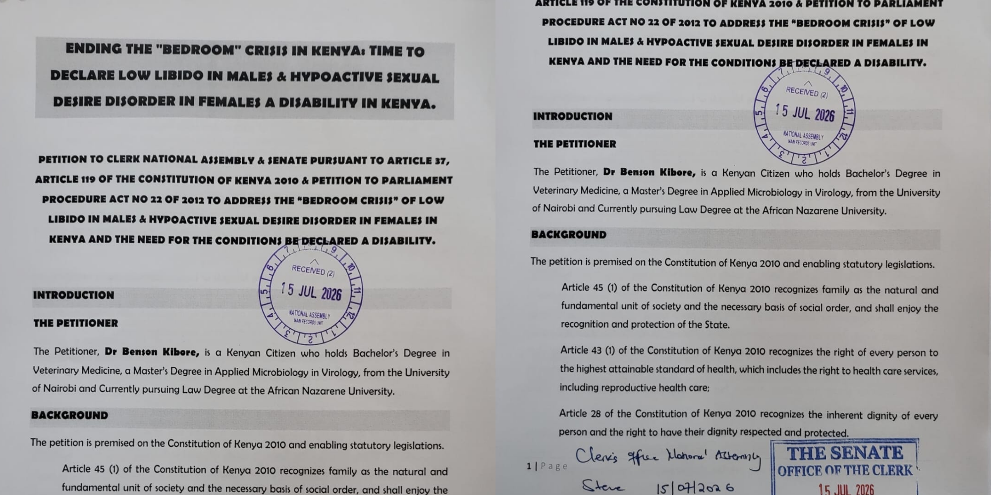 A petition on low libido and Hypoactive Sexual Desire Disorder (HSDD) has been filed in Kenya’s Parliament, seeking to classify the conditions as disabilities. PHOTO/ File