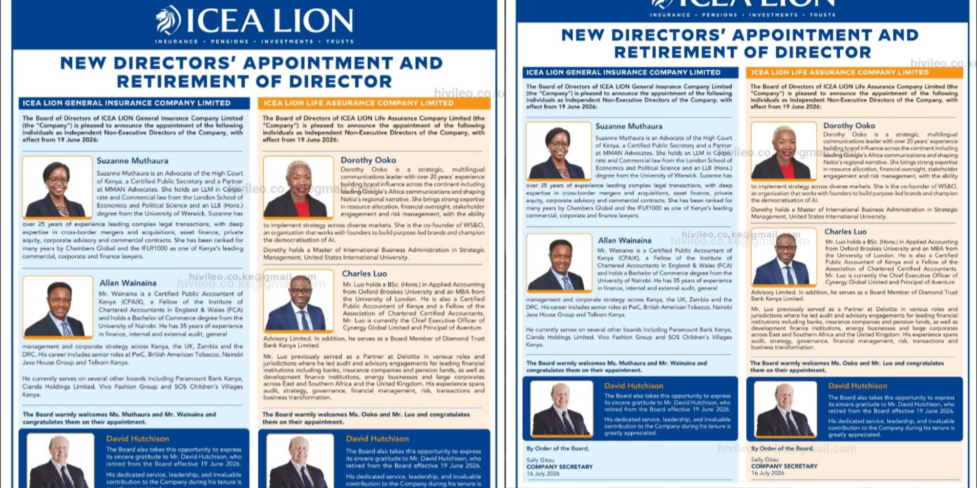ICEA Lion Group announces new board appointments with Suzanne Muthura, Allan Wainaina, Dorothy Ooko, and Charles Luo, implements the changes effective June 19, 2026, across its insurance subsidiaries in Kenya, and marks the retirement of David Hutchison in a notice issued on July 16, 2026. PHOTO/ Daily Nation
