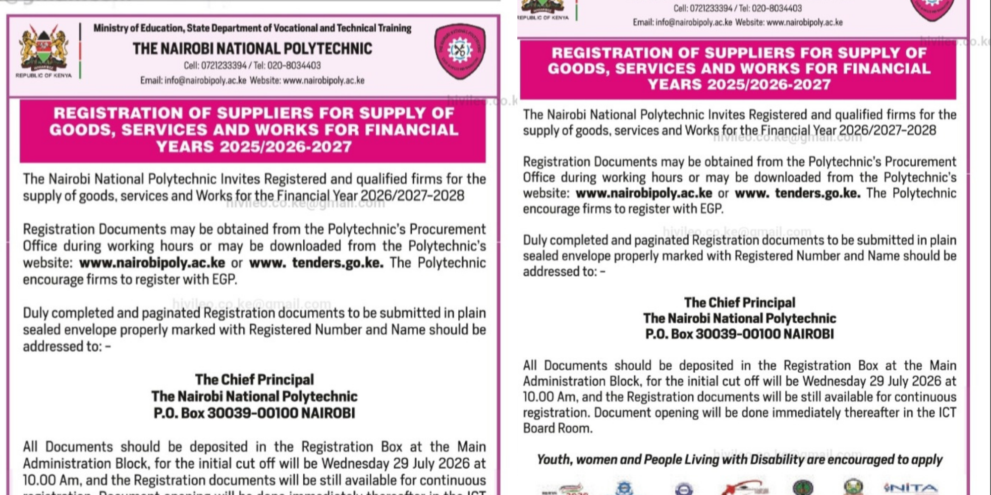 Nairobi National Polytechnic invites registered firms to apply for supplier registration for goods, services and works for 2026/2027-2028, with submissions due July 29, 2026, at 10:00 am. PHOTO/ Daily Nation