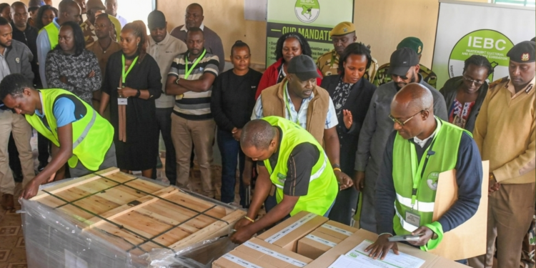 A photo of IEBC commissioners Hassan Noor Hassan and Ann Nderu witness the opening of election materials for the Ol Kalou by-election at Ol Kalou Secondary School on July 16, 2026. PHOTO/ Kipsang Joseph, Standard