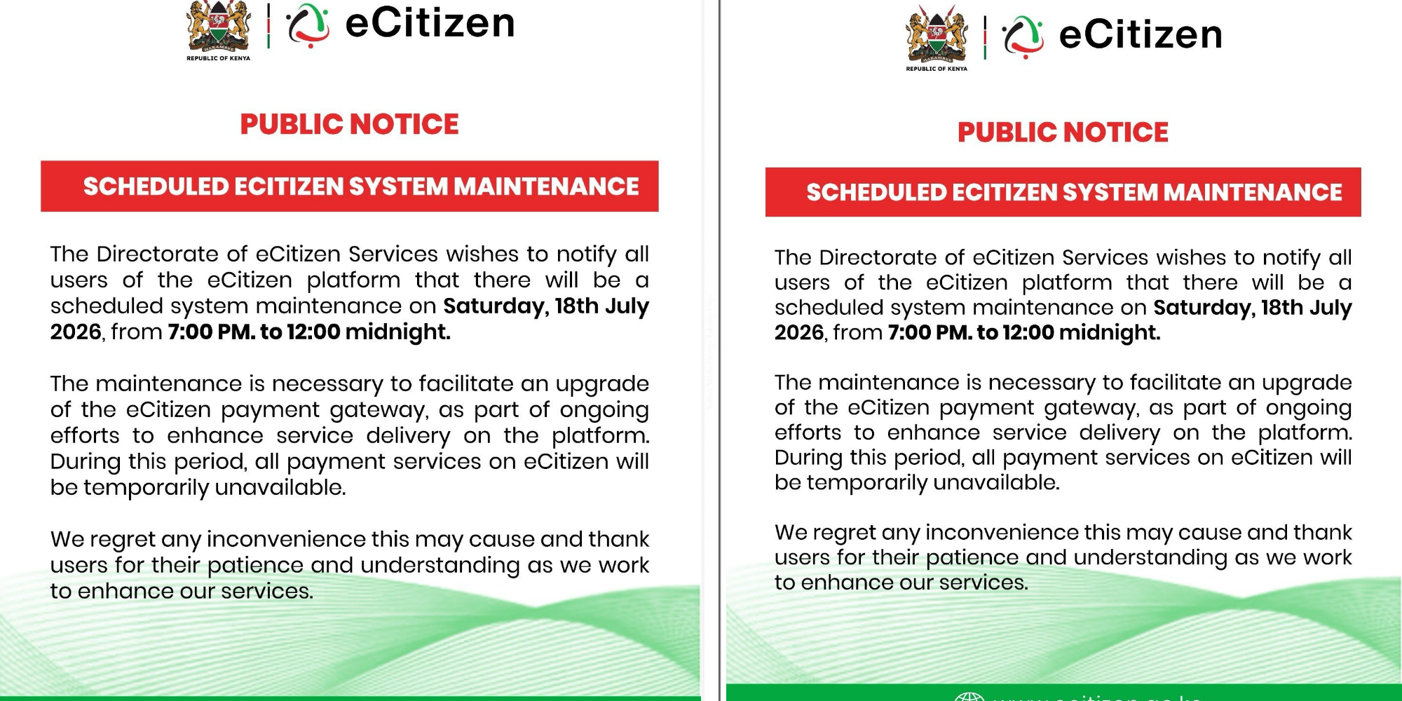 Directorate of eCitizen Services schedules eCitizen maintenance on July 18, 2026, from 7pm to midnight, disrupting payments to upgrade system and improve services. PHOTO/ Directorate of eCitizen Services
