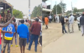 A photo collage of the Anti-Riot police and Ol Kalou residents as the residents deny the police entry into the polling station during the O lkalou by-election on July 16, 2026. PHOTO/ Screengrab