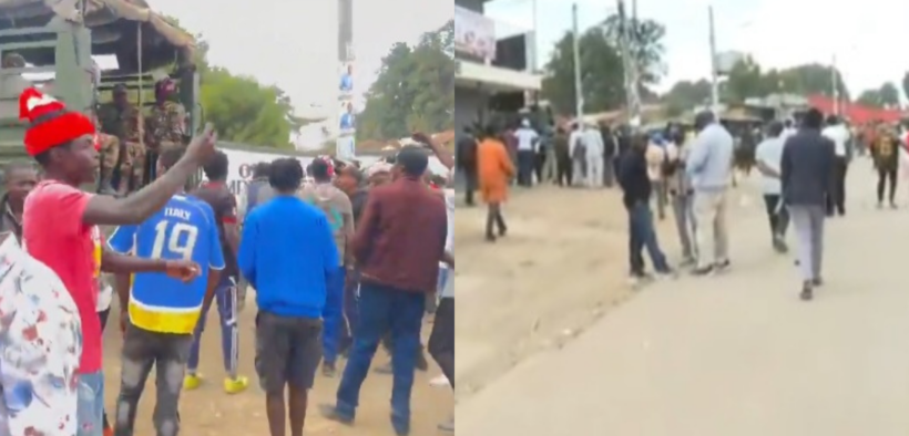 A photo collage of the Anti-Riot police and Ol Kalou residents as the residents deny the police entry into the polling station during the O lkalou by-election on July 16, 2026. PHOTO/ Screengrab