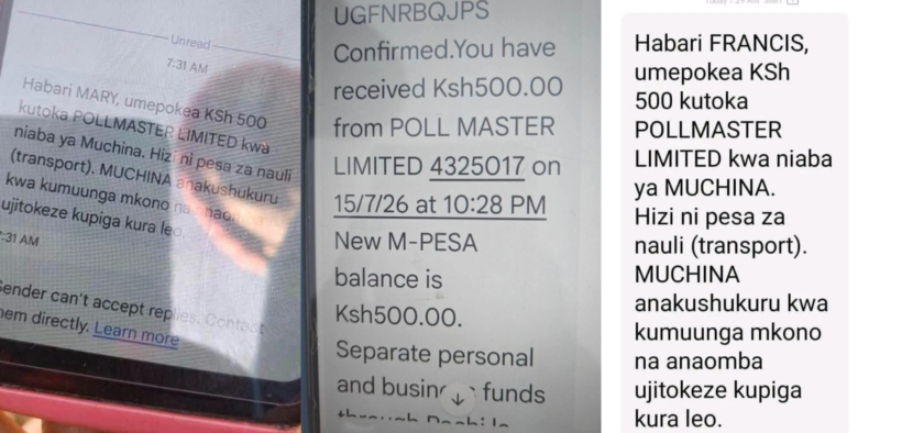 Photos of M-pesa messages showing the alleged voter bribery PHOTO/Justin X