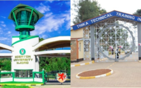 A photo collage of Egerton University Njoro Campus Main Gate and Thika Technical Training institute gate. PHOTO/ Egerton University FB/ Thika TTI FB