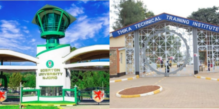 A photo collage of Egerton University Njoro Campus Main Gate and Thika Technical Training institute gate. PHOTO/ Egerton University FB/ Thika TTI FB