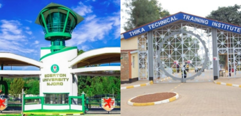 A photo collage of Egerton University Njoro Campus Main Gate and Thika Technical Training institute gate. PHOTO/ Egerton University FB/ Thika TTI FB