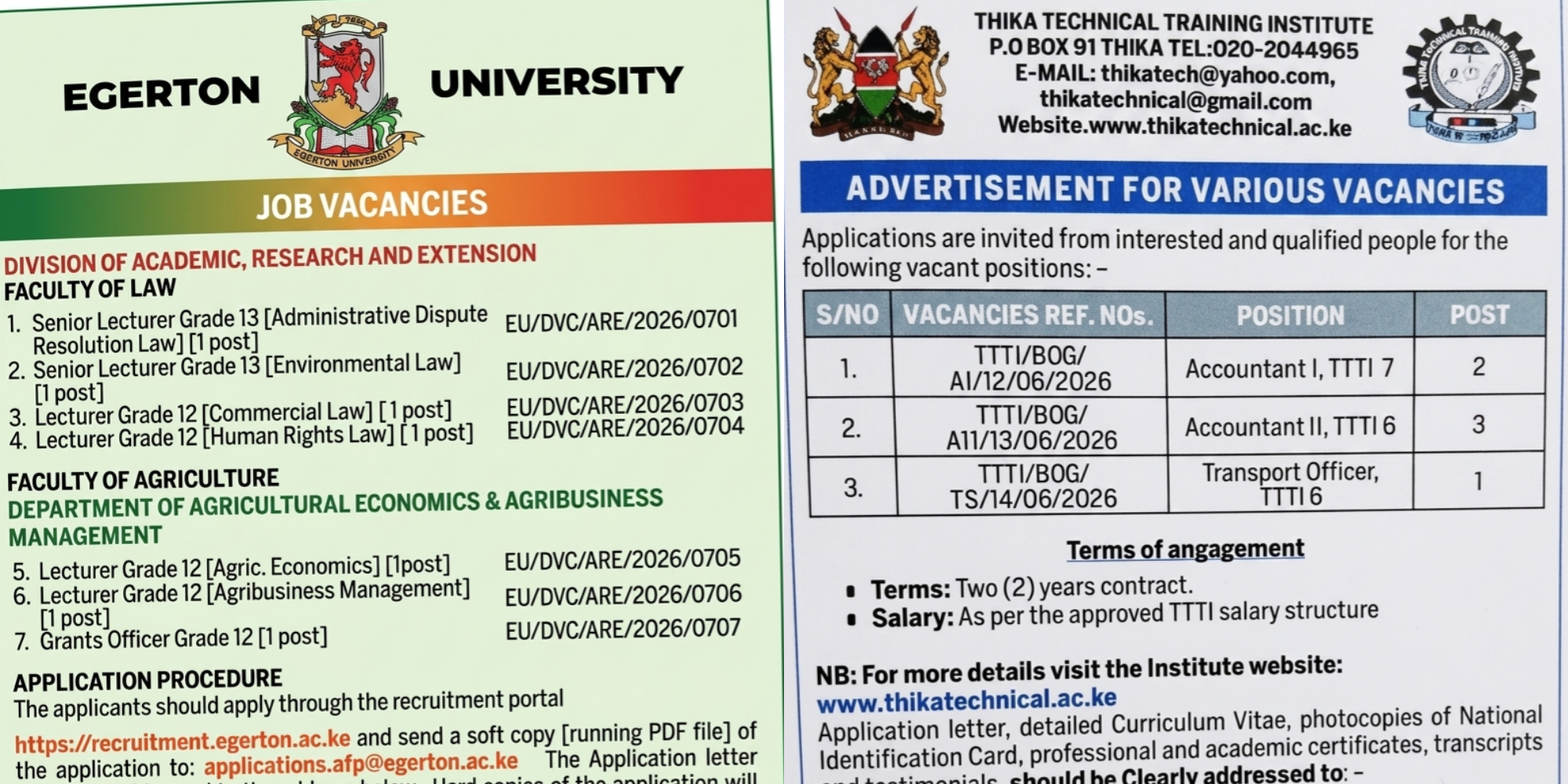 Egerton University and Thika TTI invite qualified candidates to apply for vacancies by July 31, 2026 and August 7, 2026 respectively. PHOTO/ The Standard 
