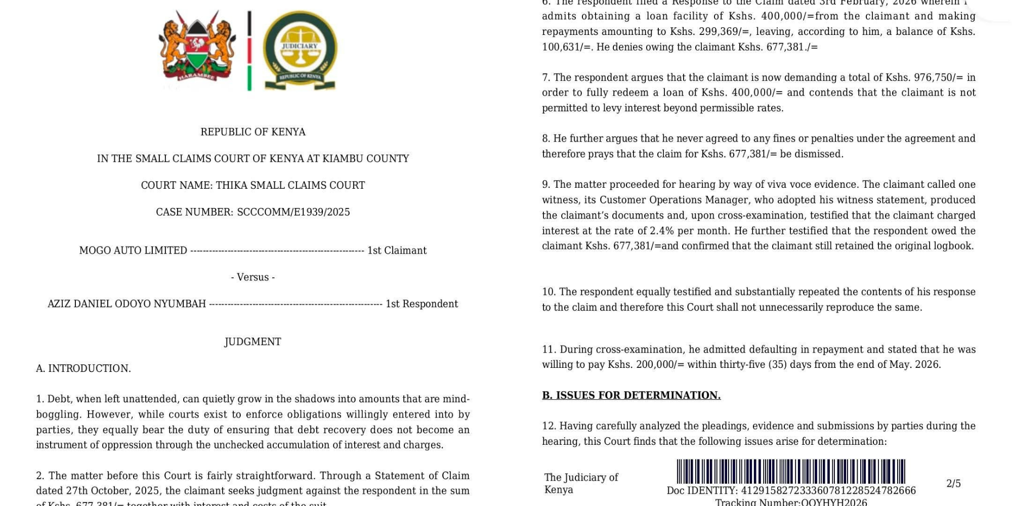 Court deals Mogo a setback after ruling its KSh 976,750 loan demand illegal over excessive charges and interest linked to a KSh 400,000 loan. PHOTO/ Brian Thuranira Facebook