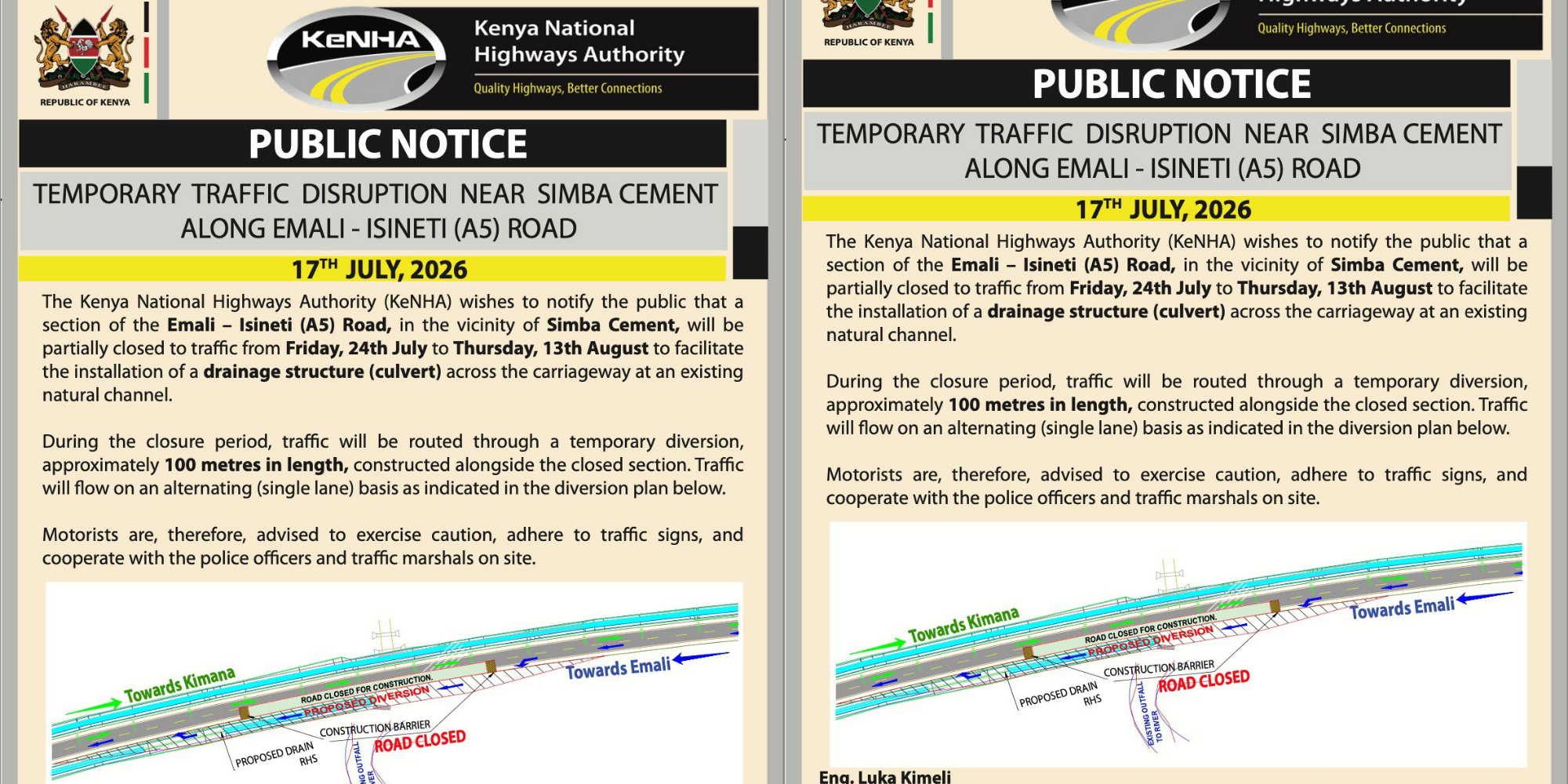 KeNHA announces a temporary traffic disruption along Emali-Isineti Road near Simba Cement from July 24 to August 13, 2026, and urges motorists to follow safety guidelines. PHOTO/ KeNHA