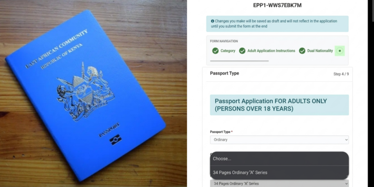 A photo collage of a Kenyan passport and the eCitizen Screenshort showing the passport categories according to pages. PHOTO/ Directorate of Immigration Services FB/ Screengrab