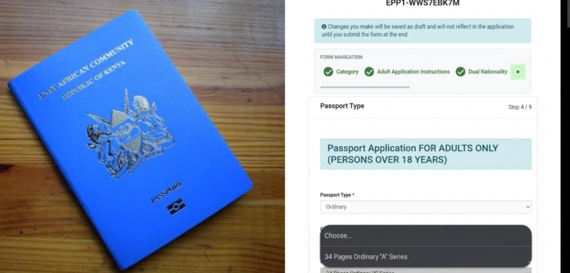 A photo collage of a Kenyan passport and the eCitizen Screenshort showing the passport categories according to pages. PHOTO/ Directorate of Immigration Services FB/ Screengrab