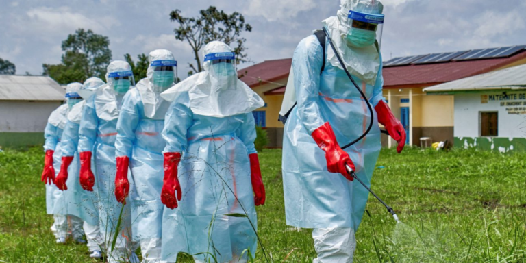 Health workers in DRC disinfect an area after handling Ebola patients in Eastern DRC. PHOTO/ WHO