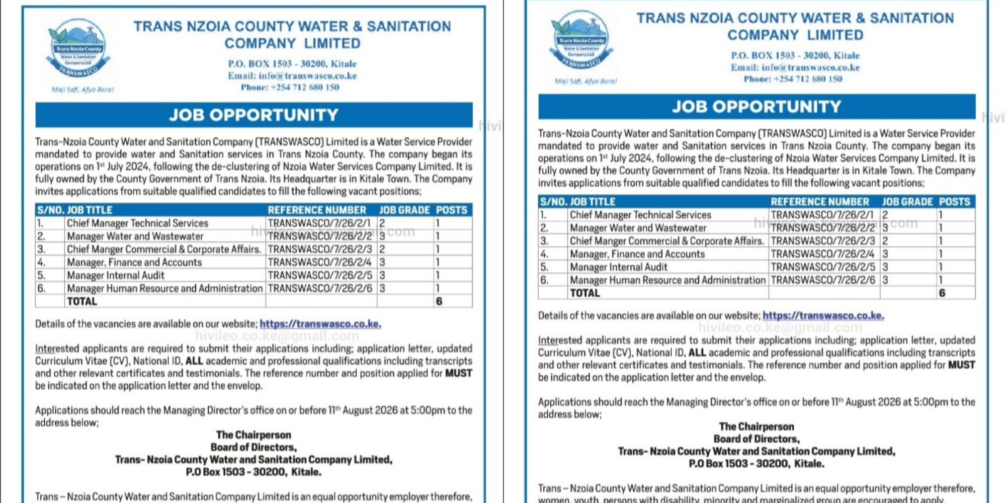 A photo showing Trans-Nzoia County Water and Sanitation Company job advert. PHOTO/ Daily Nation