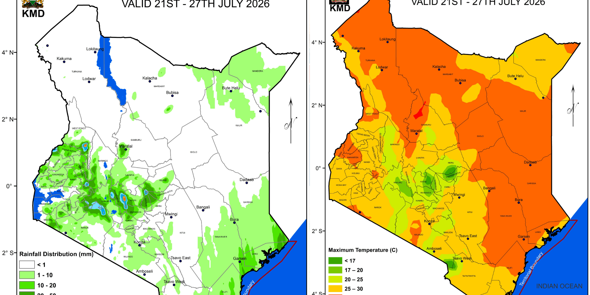 Kenya Met forecasts dry weather across most parts of Kenya from July 21 to 27, 2026, with rainfall expected in counties including Bungoma, Kakamega and Kisumu, while cool conditions affect central regions. PHOTO/ KMD X