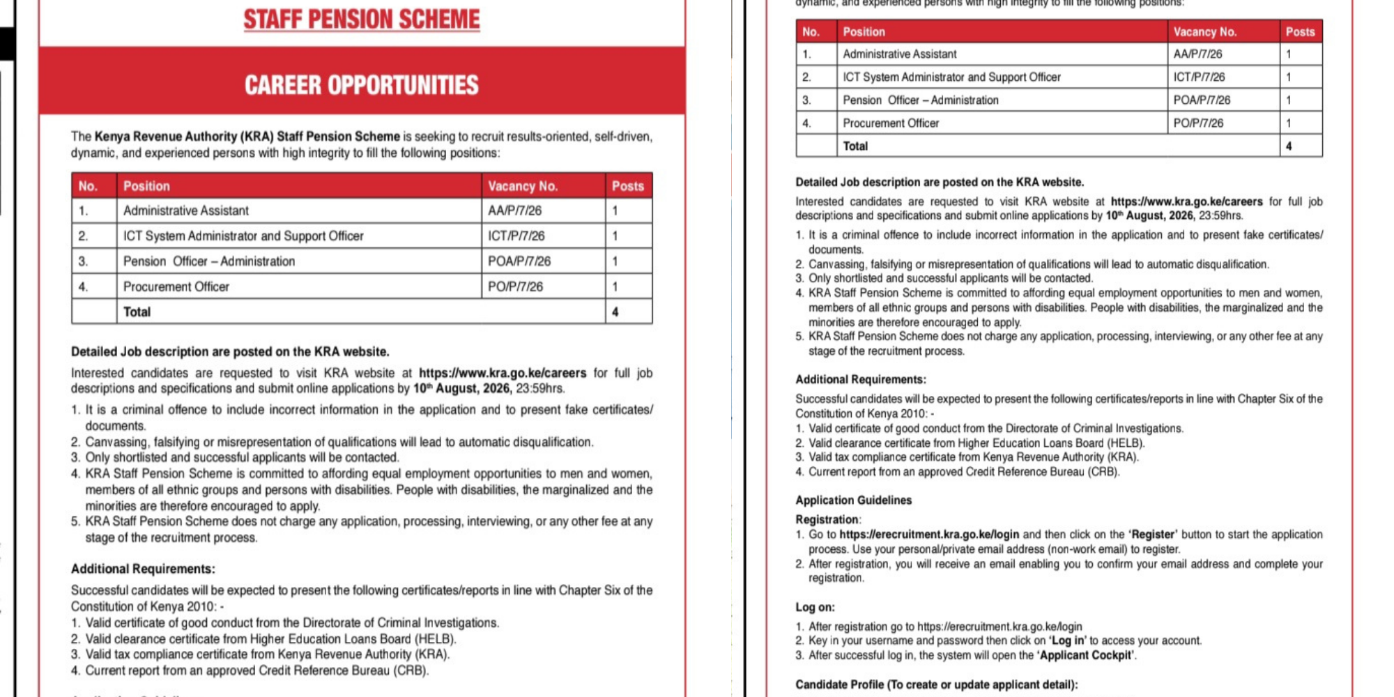 KRA Staff Pension Scheme announces four job vacancies in administration, ICT, pensions and procurement. Apply via the KRA careers portal before August 10, 2026 deadline. PHOTO/ My Gov