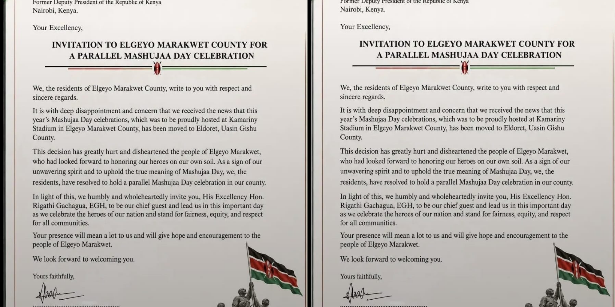 Elgeyo Marakwet residents issued a letter on July 20, 2026, expressing disappointment over the decision to move Mashujaa Day celebrations from Kamariny Stadium to Eldoret, Uasin Gishu County, as they planned a Parallel Mashujaa Day event. PHOTO/ Thirsty Kipsoiwet X