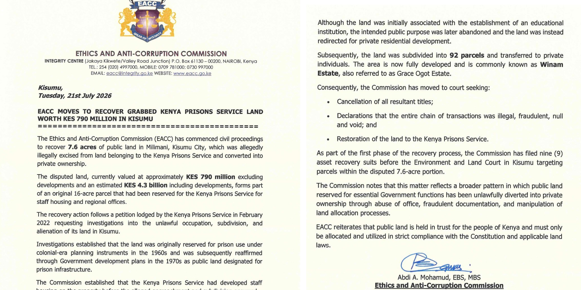 EACC moves to recover Kisumu prison land allegedly grabbed in 1989, seeking to cancel titles and return property valued at billions to Kenya Prisons Service. PHOTO/ EACC