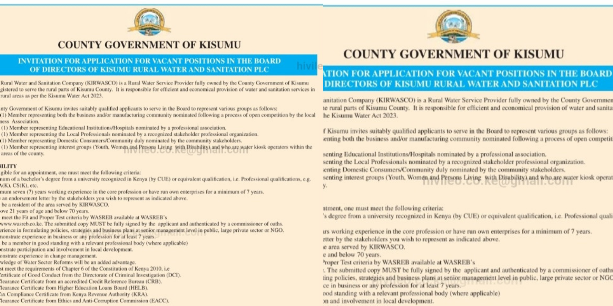 Kisumu County has opened applications for board positions at the Kisumu Rural Water and Sanitation Company, targets key stakeholders to boost oversight and service delivery, and urges applicants to apply by August 4, 2026 at 10:00 a.m. PHOTO/ Daily Nation