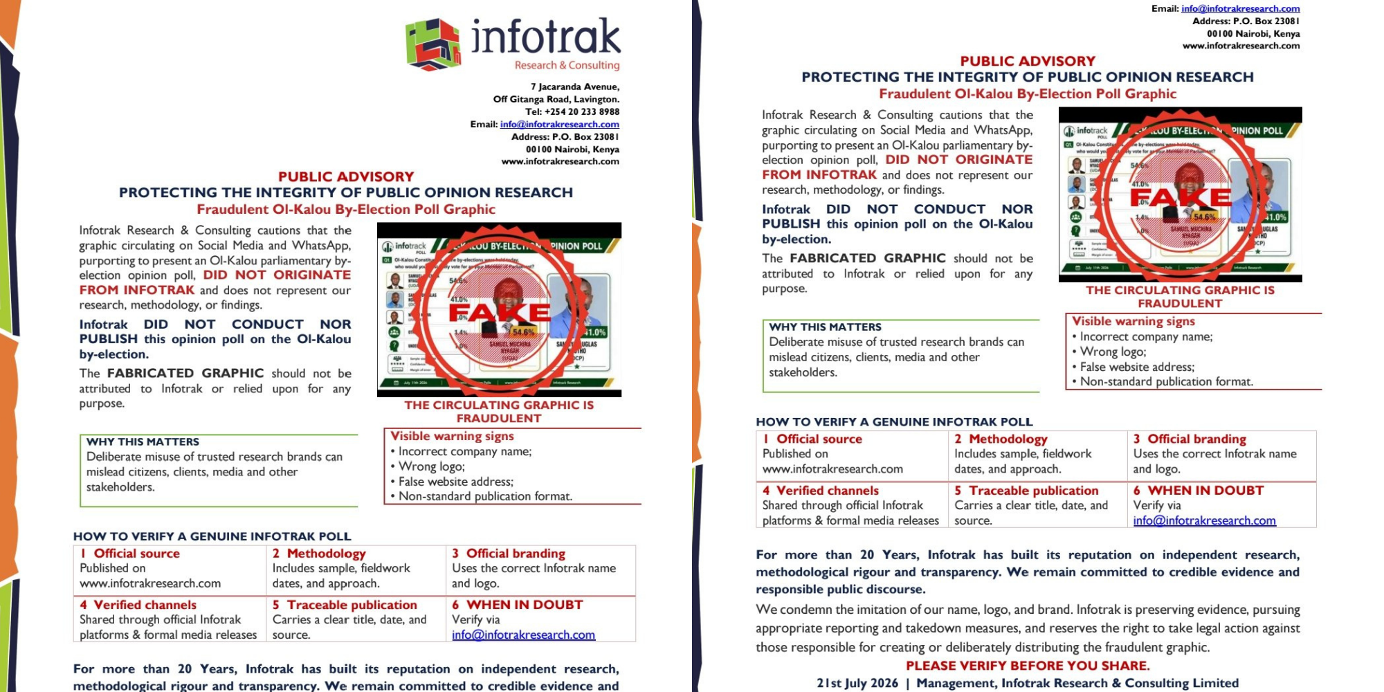 An advisory issued by Infotrak on July 21, 2026, addressing a fake Ol Kalou by-election poll graphic circulating online. PHOTO/ Infotrak X