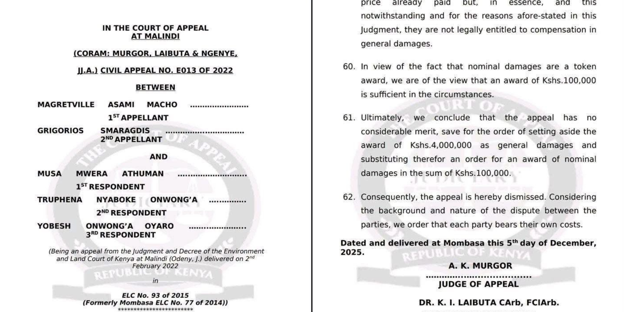 Malindi Court of Appeal rules land buyers must complete payment and obtain documents within 90 days, limiting compensation to refund and nominal damages. PHOTO/ Collins Olemo Facebook