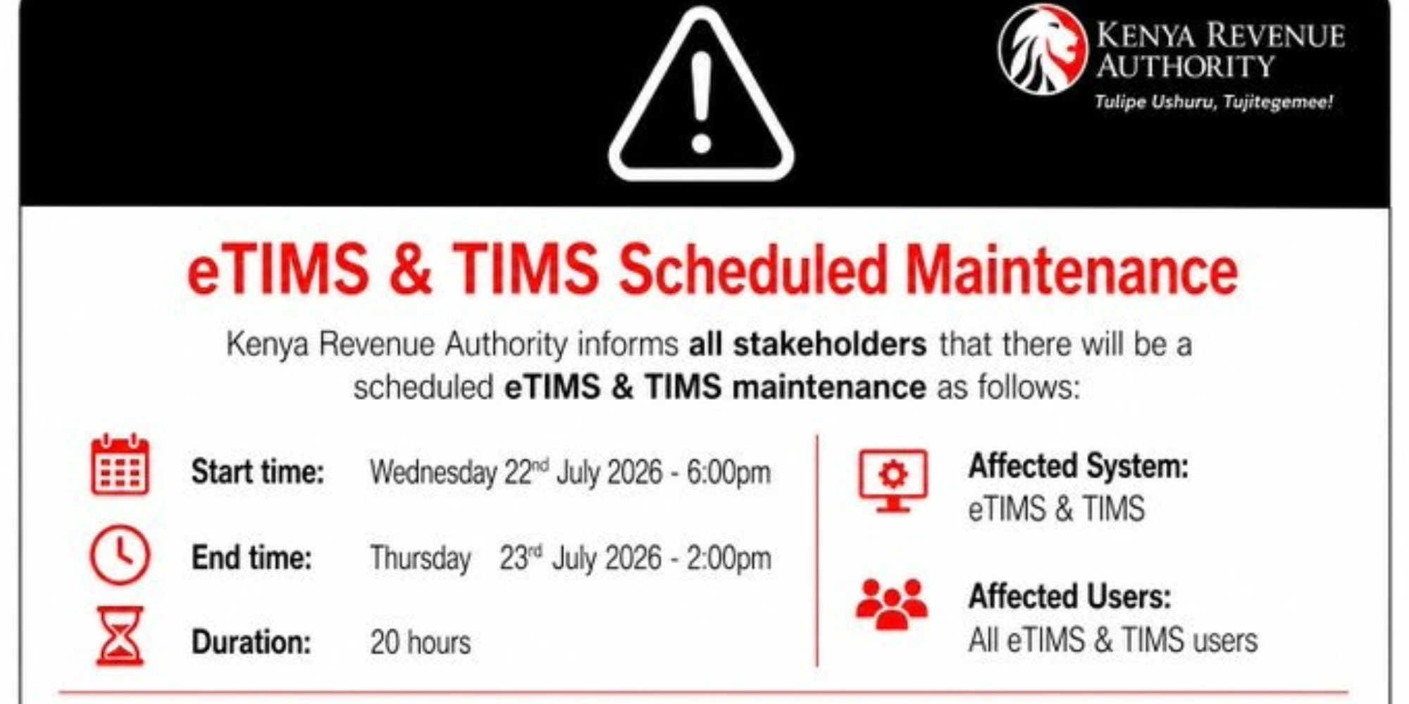 A notice by KRA on scheduled eTIMS and TIMS maintenance. PHOTO/ KRA 