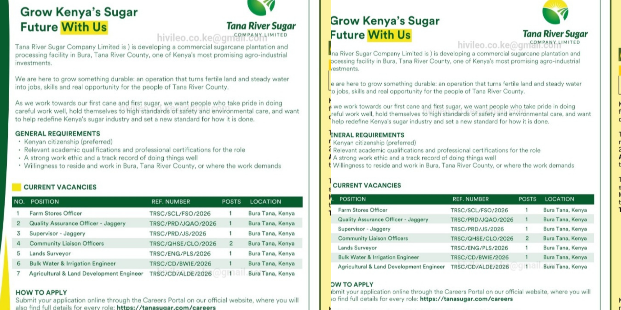 Tana River Sugar Company announces multiple job vacancies in Bura, including Farm Stores Officer, Jaggery Supervisor, Quality Assurance Officer and Irrigation Engineer roles, and invites qualified individuals to apply by August 4, 2026. PHOTO/ Daily Nation