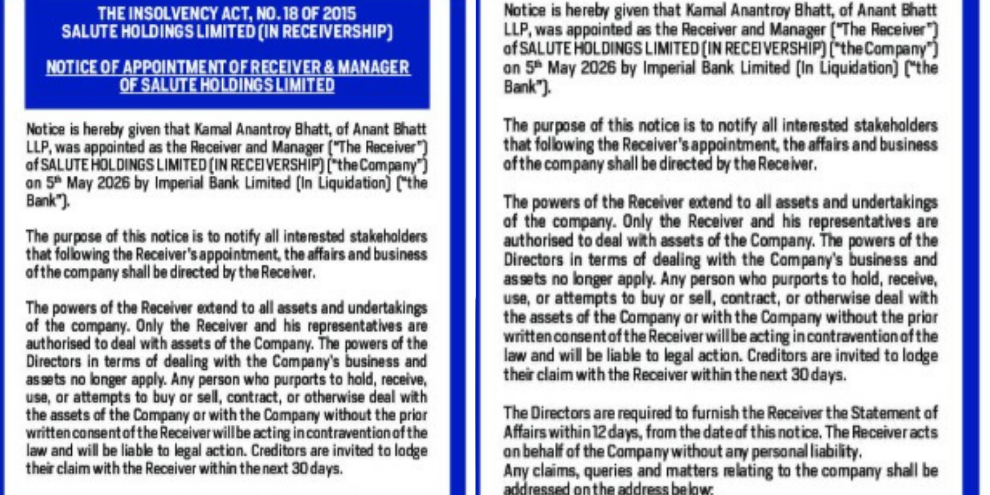 Imperial Bank placed Salute Holdings Limited under receivership on May 5, 2026, appointed a manager, restricted asset dealings, and directed creditors to file claims within 30 days. PHOTO/ Standard