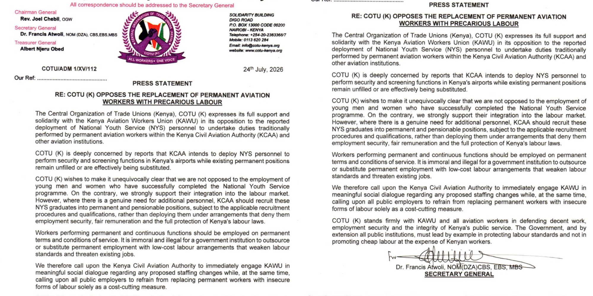 COTU issued a statement on July 24, 2026 opposing KCAA’s plan to deploy NYS personnel in aviation roles, backing the Kenya Aviation Workers Union and calling for permanent hiring. PHOTO/ Francis Atwoli X