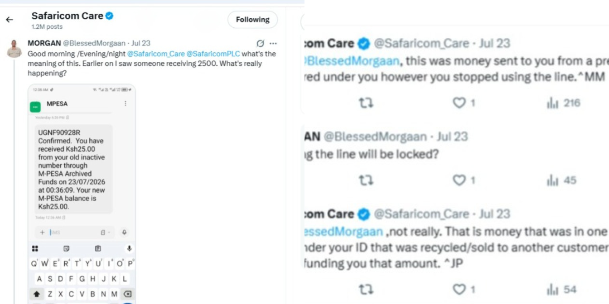A photo collage of screenshots of Safaricom responding to one of their users following a refund from their old line which was inactive. PHOTO/ File 